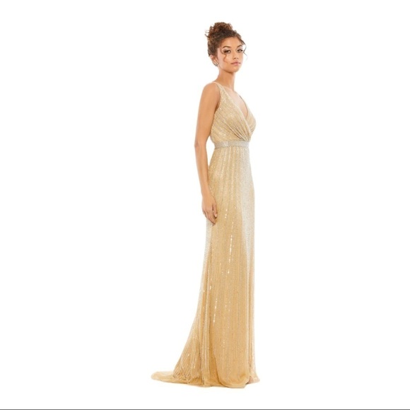 NEW MAC DUGGAL Gold Champagne Beaded Plunging Surplice Maxi Gown Size 12 - Picture 5 of 10